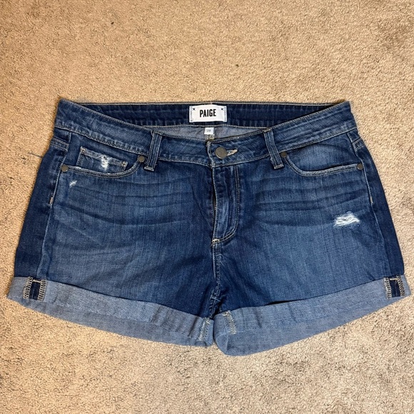 PAIGE Jimmy Jimmy Cuffed Dark Wash Blue Jean Shorts - Picture 2 of 6